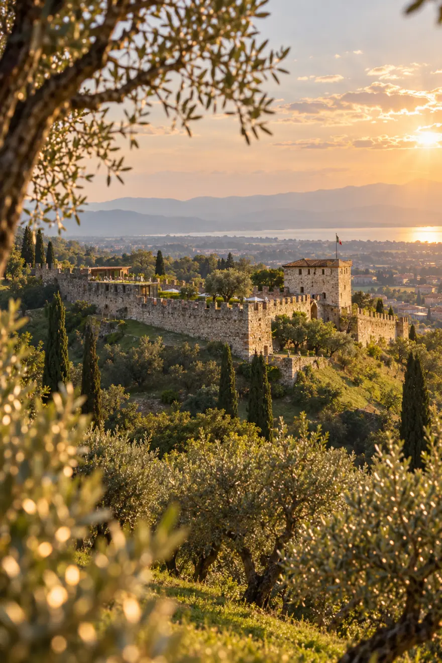 Le mura merlate della Rocca di Lonato tra gli ulivi, con il lago sullo sfondo