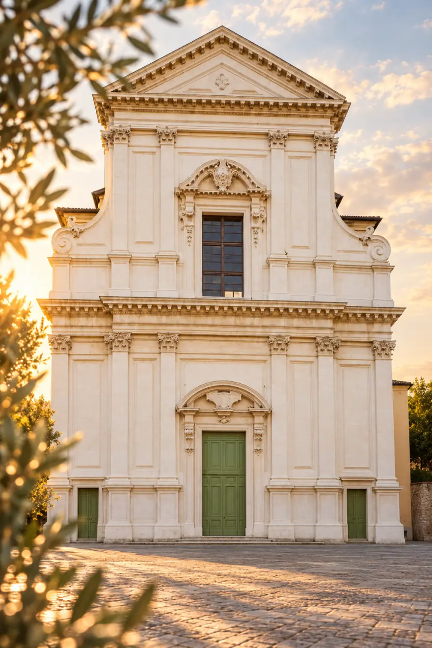 La facciata bianca di Sant’Afra, a Brescia, nella luce del pomeriggio